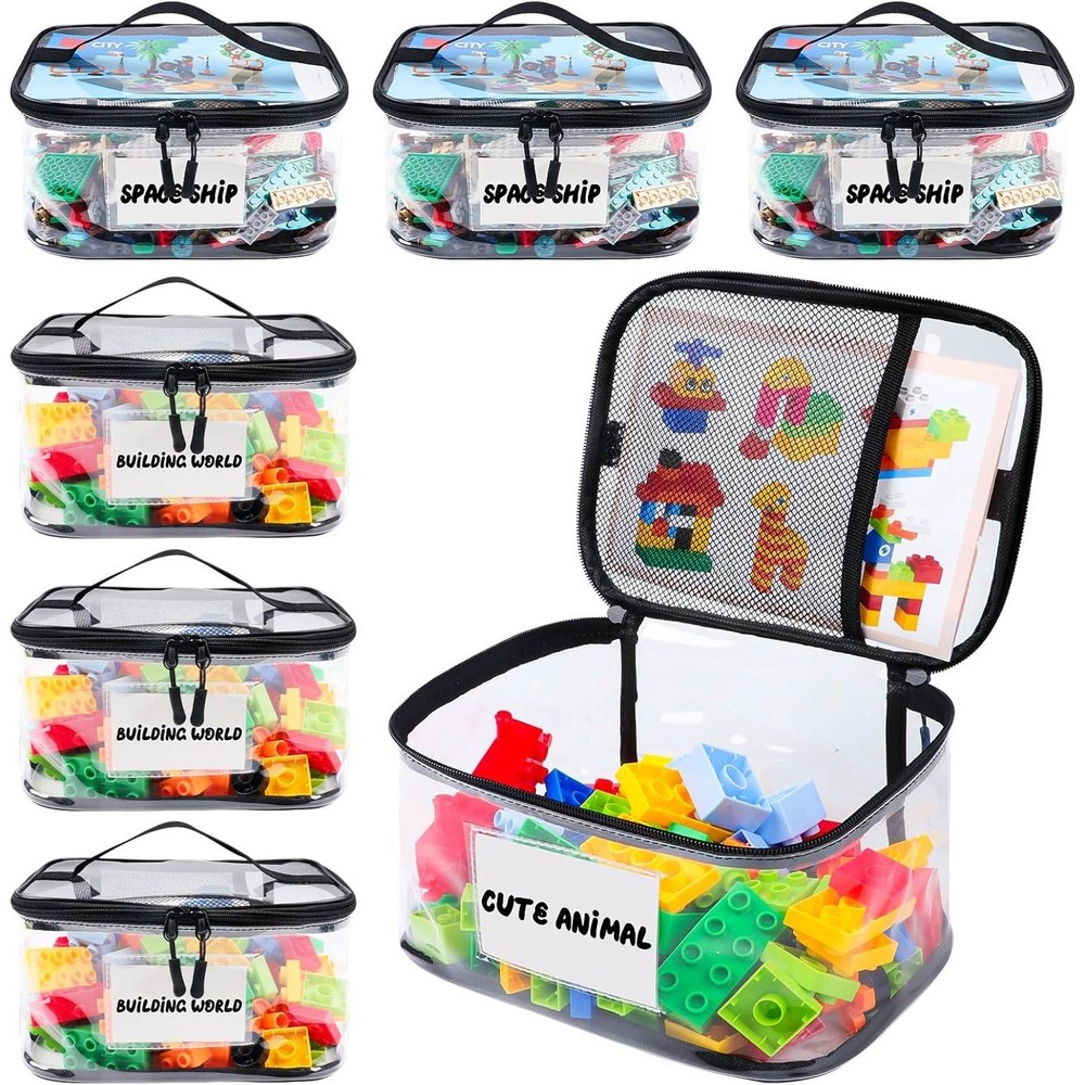 Tesuko Clear PVC Toy‎ Storage Bags Organizer Handles Name Tag Mesh Pocket 6 Pk